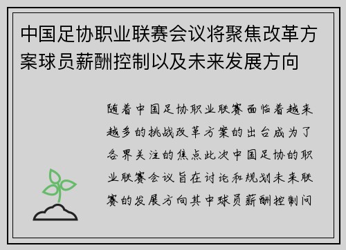 中国足协职业联赛会议将聚焦改革方案球员薪酬控制以及未来发展方向