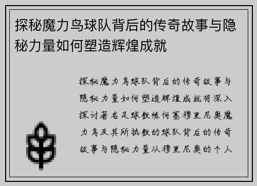 探秘魔力鸟球队背后的传奇故事与隐秘力量如何塑造辉煌成就